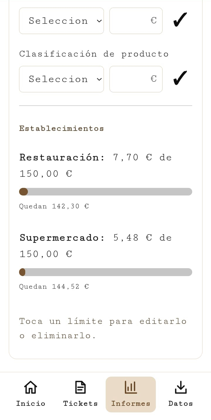 Límites mensuales para restauración y supermercado con el importe que queda disponible