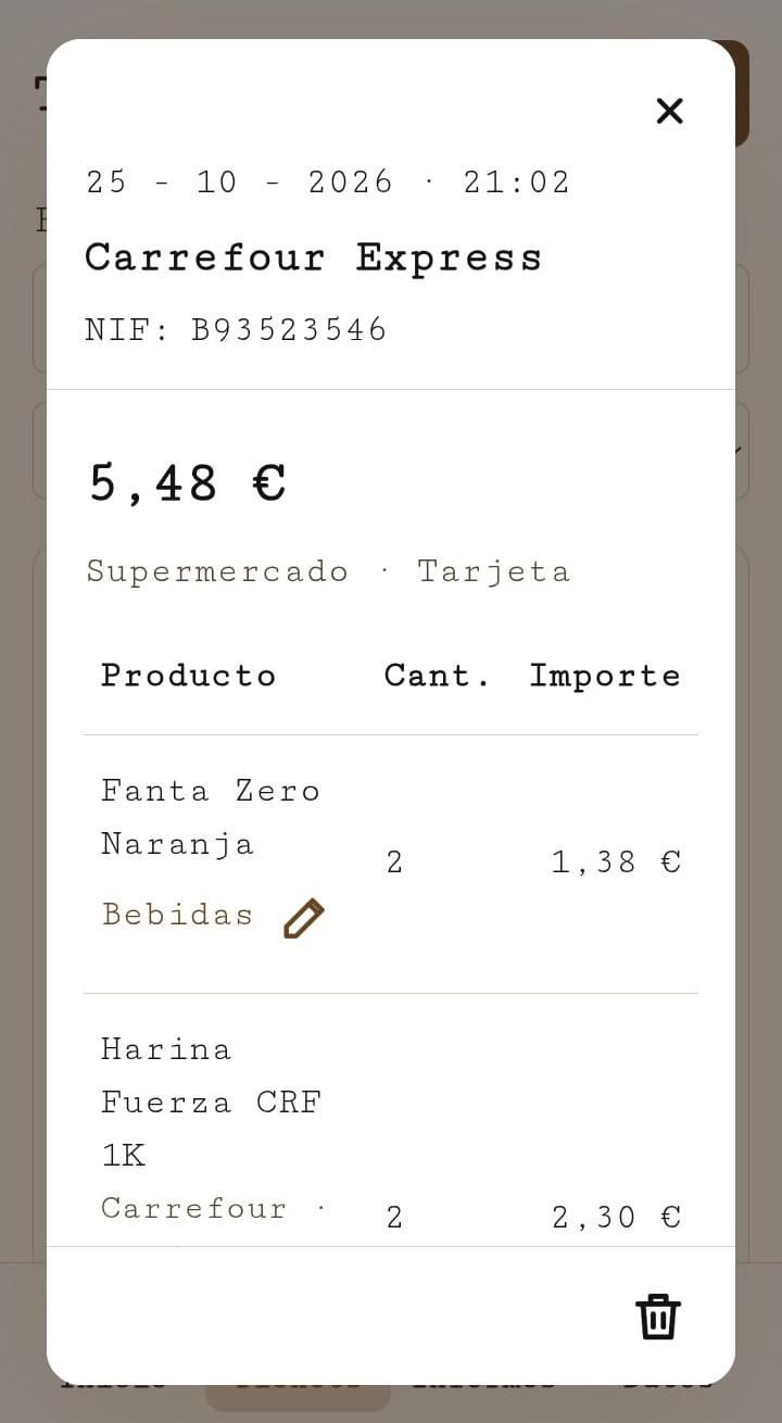 Captura real de un ticket leído en MiTicket, con productos, cantidades e importes